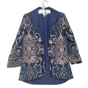 Grace Chuang Jacket Size S Blue Embroidered Tapestry Pattern Open Front Elegant